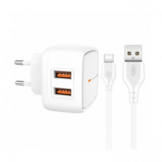 INCARCATOR RETEA CU CABLU DE DATE USB TIP-C XO-L61, 2 X USB, 2.4A, ALB, BLISTER