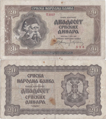 1941 (1 V), 20 dinara (P-25) - Serbia foto