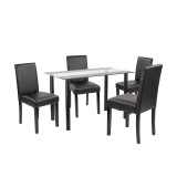 Set Masa si 4 Scaune Leziter Karin, Negru, Blat Sticla, Piele ECO, Otel, Lemn Pin, 120 cm