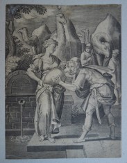 Nicolaus Andrea &quot;Rebeca dand sa bea apa la fantana lui Eliezer&quot; gravura 1585