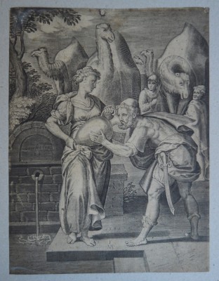 Nicolaus Andrea &amp;quot;Rebeca dand sa bea apa la fantana lui Eliezer&amp;quot; gravura 1585 foto