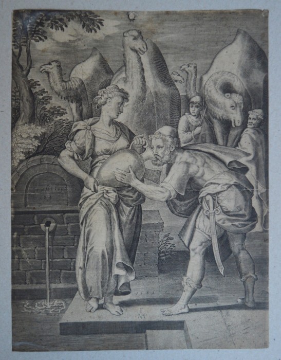 Nicolaus Andrea &quot;Rebeca dand sa bea apa la fantana lui Eliezer&quot; gravura 1585