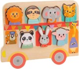 Jucarie Educativa Montessori din Lemn "Autobuzul cu Animale" EMC ONSHOP&reg;, Potrivire Forme, Snuruit si Sortat, 1-3 Ani, Multicolor