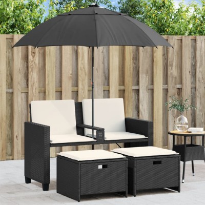 vidaXL Canapea de grădină cu 2 locuri/umbrelă/taburete negru poliratan 365882 foto