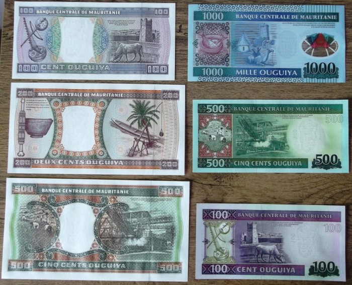 Mauritania set / lot 6 bancnote 100 + 200 + 500 + 1000 Ouguiya 2002 2013 2014 2015 UNC necirculate **