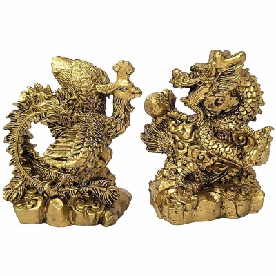 Phoenix cu Dragon, set 2 statuete simbol pentru dragoste și căsnicie, auriu foto