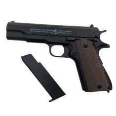 Pistol de jucarie, metalic, calibru 6 mm, cu 300 de bile incluse, propulsie mecanica cu arc, capacitate incarcator 15 bile, negru