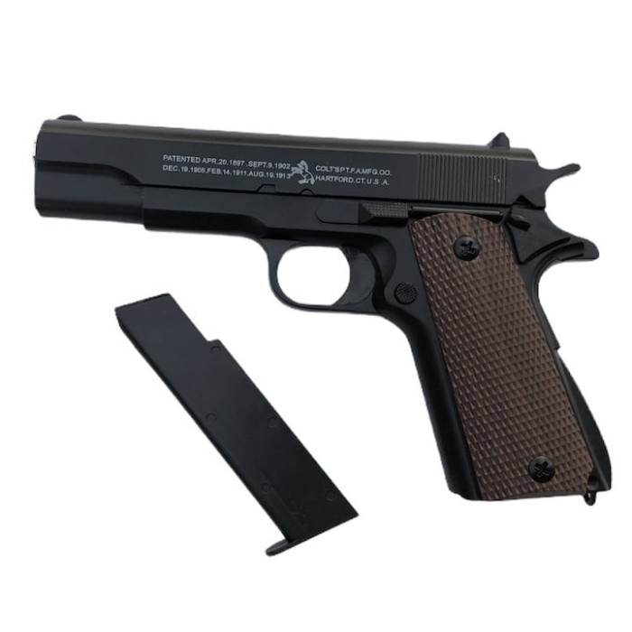 Pistol de jucarie, metalic, calibru 6 mm, cu 300 de bile incluse, propulsie mecanica cu arc, capacitate incarcator 15 bile, negru
