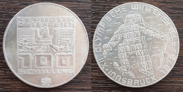 (A251) MONEDA DIN ARGINT AUSTRIA- 100 SCHILLING 1976,JOCURILE OLIMPICE INNSBRUCK