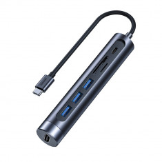 Hub USB Multifuncțional Joyroom 7in1 Tip C / 3x USB 3.0 / HDMI 4K 30Hz / Cititor De Carduri SD și Micro SD 100W 15cm Gri (S-H112)