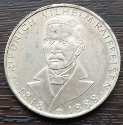 (A669) MONEDA DIN ARGINT GERMANIA - 5 MARK 1968 J, FRIEDRICH WILHELM REIFFEISEN foto