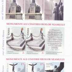 MONUMENTE ALE EROILOR NEAMULUI,SERIE IN triptic cu vinieta,2018,MNH,ROMANIA.