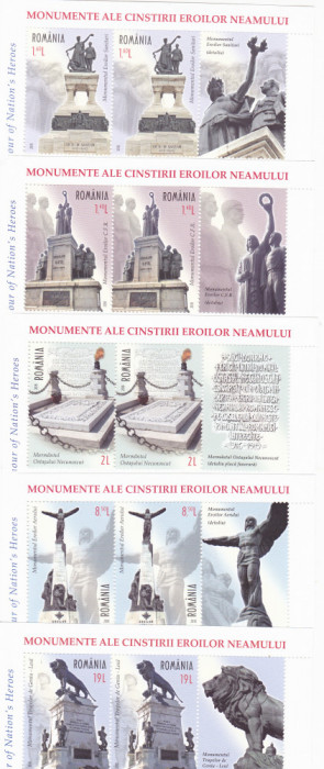 MONUMENTE ALE EROILOR NEAMULUI,SERIE IN triptic cu vinieta,2018,MNH,ROMANIA.