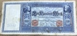 BNKSTR02DE Bancnotă Germania 100 Mărci / Mark 1910, Serie Roșie, Stare F (Bună, Margini Complete, Pete Mici de Patină, &Icirc;ntreagă)