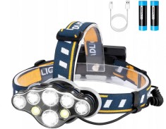 Lanterna de cap cu 8x LED, 2 acumulatori de 8800 mAh, cablu incarcare USB, negru
