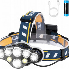 Lanterna de cap cu 8x LED, 2 acumulatori de 8800 mAh, cablu incarcare USB, negru