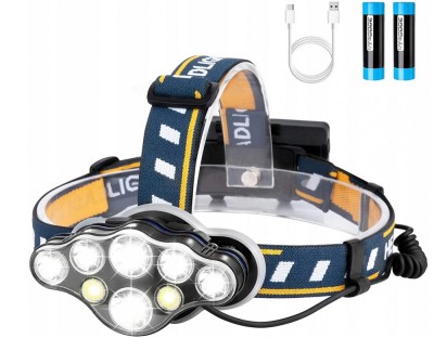 Lanterna de cap cu 8x LED, 2 acumulatori de 8800 mAh, cablu incarcare USB, negru foto