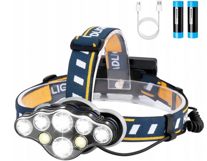 Lanterna de cap cu 8x LED, 2 acumulatori de 8800 mAh, cablu incarcare USB, negru