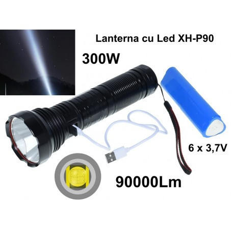 Lanterna de vanatoare, LED 300W, Acumulator 3.7v 18650, 5000mah, XH-P90