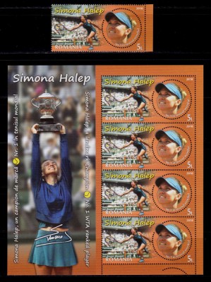 ✅RO 2018 ,LP 2209+b ,&amp;quot;Simona Halep , un campion de marca&amp;quot;, serie+mcoala 4+m ,MNH foto