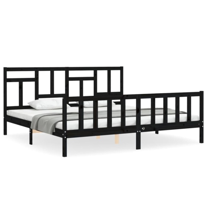 Cadru pat cu tablie 200x200 cm, negru, lemn masiv
