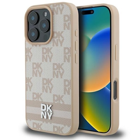 Husa iPhone 16 Pro - DKNY Leather Hardcase Checkered Pattern &amp; Printed Stripes (DKHCP16LPCPTSSP) - Pink