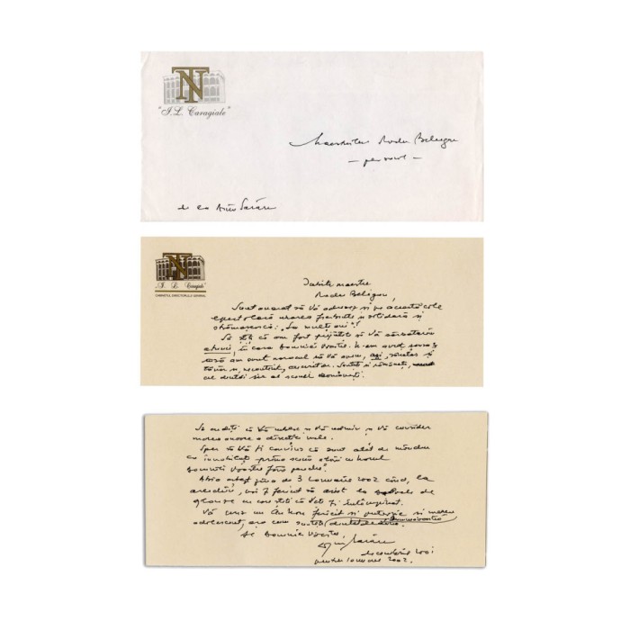 Dinu Săraru, scrisoare olografă pentru Radu Beligan, decembrie 2001
