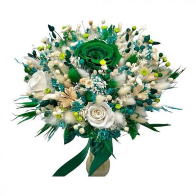 Buchet personalizabil cu trandafirI criogenatI si flori naturale uscate alb - verde smarald foto