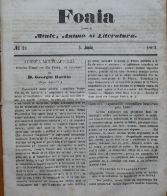 Foaia pentru minte , inima si literatura , nr. 21 , 1863 , Brasov , I. Muresanu foto