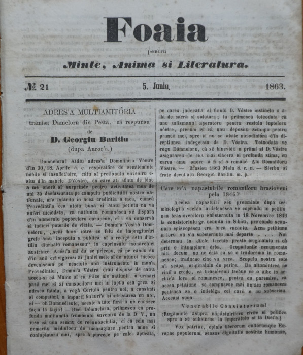 Foaia pentru minte , inima si literatura , nr. 21 , 1863 , Brasov , I. Muresanu