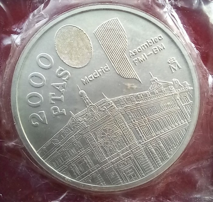 (A21) MONEDA DIN ARGINT SPANIA - 2000 PESETAS 1994, REUNIUNEA FMI DE LA MADRID, STARE UNC