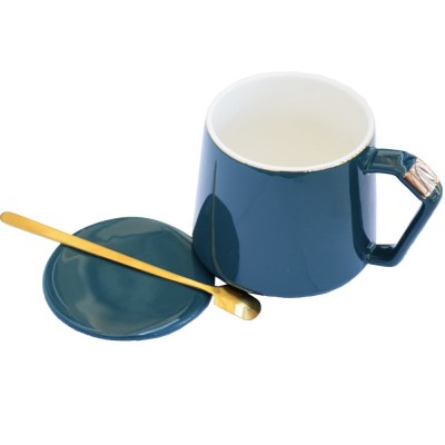Cana cu capac din ceramica si lingurita Pufo Ellegance pentru cafea sau ceai, 300 ml, verde foto
