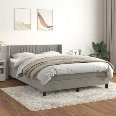 vidaXL Pat box spring cu saltea, gri deschis, 140x200 cm, catifea foto