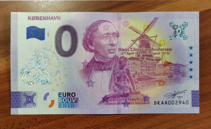 !!! X. RARR : 0 EURO SOUVENIR - DANEMARCA , COPENHAGA &amp; ANDERSEN - 2022.1 - UNC // NU TRIMIT PRIN CURIER