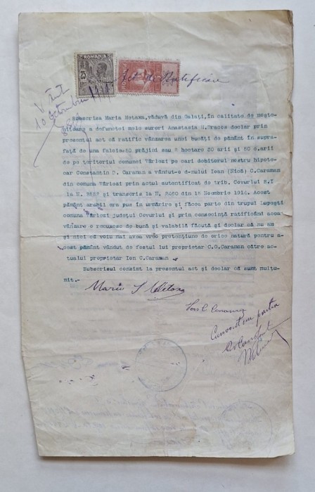 Act de ratificare v&acirc;nzare teren &ndash; Tribunalul Covurlui &ndash; Vărlezi &ndash; 1919 &ndash; timbru fiscal 5 lei Carol I