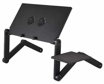 Suport laptop metalic HAWIRE cu 3 picioare pliabile, Stand multifunctional, Dubla racire, Mouse Pad, Dimensiune masuta 480x260mm, Negru foto