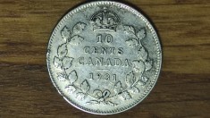 Canada -moneda de colectie argint 800- 10 cents 1931 - George V - exceptionala !