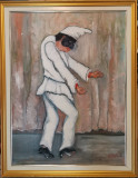 Tablou anii 60 Napolitanul Pulcinella pictura ulei pe p&acirc;nză inramat 70x90 cm, Portrete, Altul