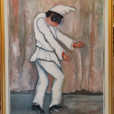 Tablou anii 60 Napolitanul Pulcinella pictura ulei pe pânză inramat 70x90 cm