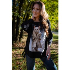 BLUZA DIN BUMBAC OVERSIZE CU MANECA LUNGA SI FUNDITE REGLABILE IN TALIE CAT NEKO TALIE UNICA Multicolora