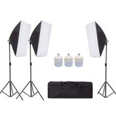 Kit de 3 softboxuri, 3 trepiezi reglabili 200 cm, 3 becuri LED 50W, geanta de transport inclusa