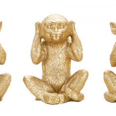 Set 3 decoratiuni Monkey, Mauro Ferretti, 13x14x19.5 cm, polirasina, auriu