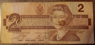 B11 - Bancnota foarte veche - Canada - 2 dolari - 1986 foto