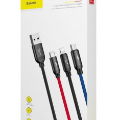 Cablu USB 3 In1 Baseus Three Primary Colors - Micro USB / Lightning / USB-C Nailon Impletit 3,5A 1,2M Negru CAMLT-BSY01