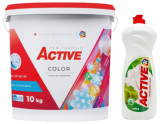 Detergent pudra pentru rufe colorate Active, galeata 10kg, 130 spalari + Detergent de vase lichid Active, 1 litru, mar