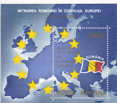 ROMANIA 1993 LP 1327 INTRAREA ROMANIEI IN CONSILIUL EUROPEI COLITA MNH foto