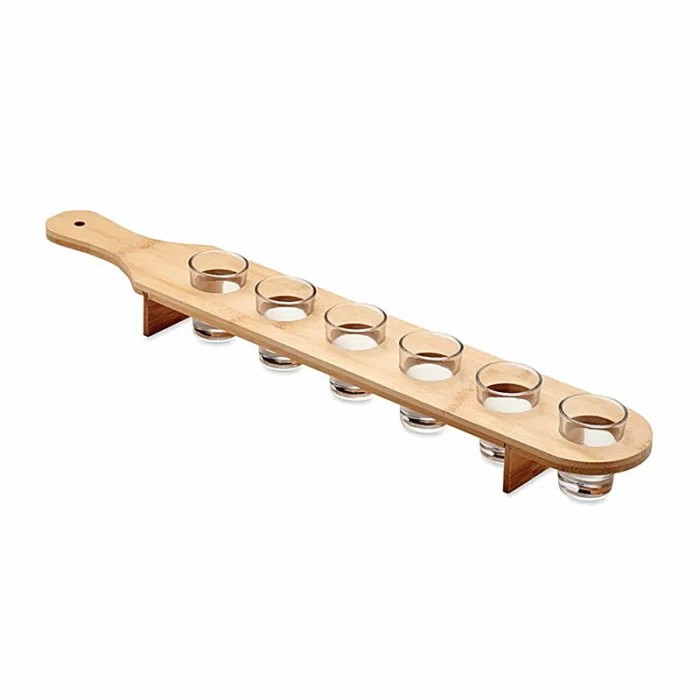Set 6 pahare shot din sticla flippy, cu suport din lemn, design rustic, 49.5 x 7 x 6.5 cm, maro