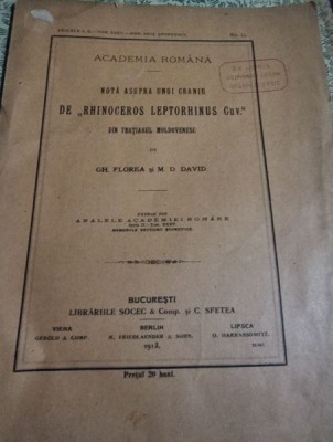 Gh. Florea, M. D. David - Nota asupra unui craniu de &amp;quot;Rinoceros Leptorhinus Cuv.&amp;quot; foto