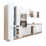 Mobilier de bucătărie Yorki 360 cu corp din stejar Sonoma, cu fațade albe cu finisaj satinat, cu frigider cu congelator &icirc;n partea de jos, fără blat de