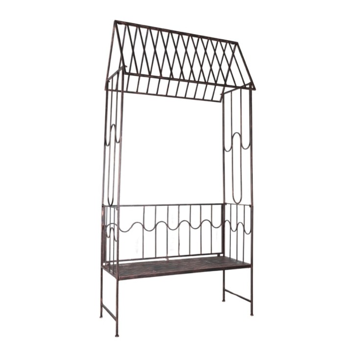 Arcada metalica, pergola, pentru gradina, cu banca, bronz antic, 123x63x252 cm